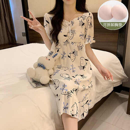 Dreaming summer sky princess style mid-length nightgown for girls 2023 new cute bear pure cotton edge Japanese pajamas QS skirt #9871 (with chest pad) L Recommended 100-120Jin [Jin equals 0.5 kg]