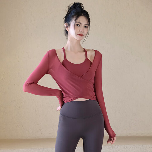 LULULOMDDW hot girl yoga wear two-piece set women's autumn and winter blouse mesh sports long-sleeved top Pilates fitness set Anchor red two-piece set bra + blouse M