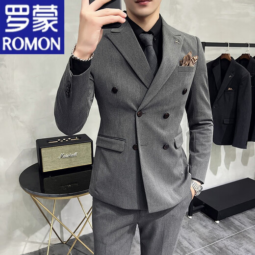 ROMON anti-wrinkle and iron-free casual double-breasted suit for groom, men's slim-fit double-slit small suit, lapel collar formal suit, double-breasted black one-piece suit S