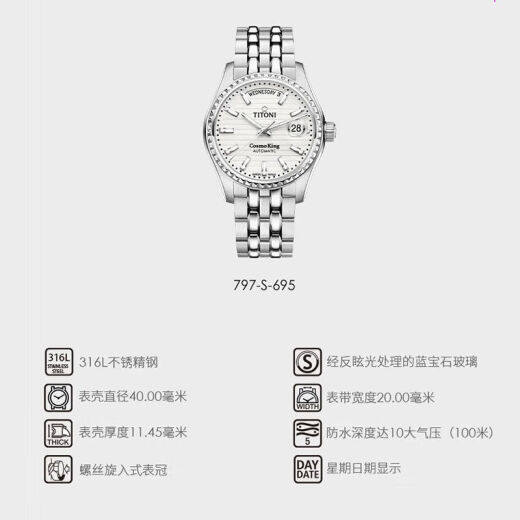 Titoni Men's Watch Swiss Watch Universe Serie Klassische Business Automatische mechanische Herren Uhr 797 S-695 Silberstreifennagel