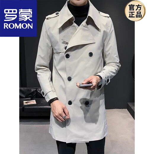 罗蒙（ROMON）军风衣男士中长款春秋款2025新款英伦痞帅修身双排扣大衣外套男款 军绿色 加棉 M 【建议90斤以内】