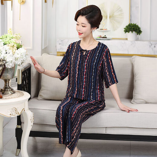 安梦影棉绸中老年女装中袖棉绸套装大码中老年夏季衣服女时尚妈妈装两件 橄榄绿 9226 25 3xl 1-140斤