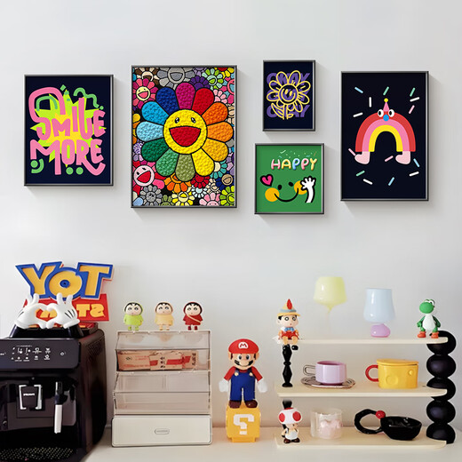 Long time no see dopamine living room decoration painting ins style niche art combination sunflower sofa background wall hanging painting