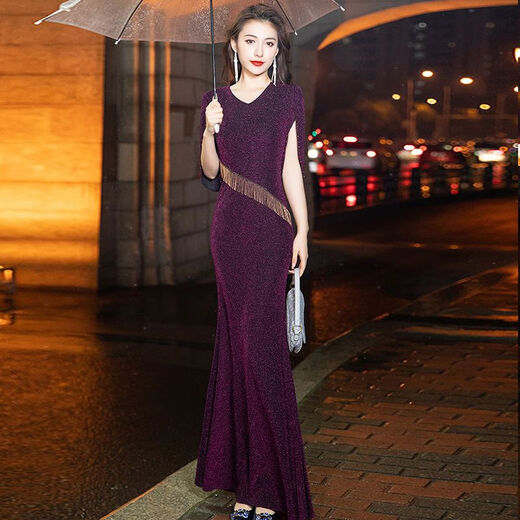 NUKM high-end evening dress for women fashion internet celebrity new blue long socialite temperament dignified annual meeting fishtail host skirt blue [9955] long 140CM L 110-120
