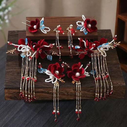 Jingli Jingda Xiuhe tiara female bride toasting attire Chinese ancient costume hair accessories red simple and elegant wedding high-end accessories red Xiuhe suit-ear clip style