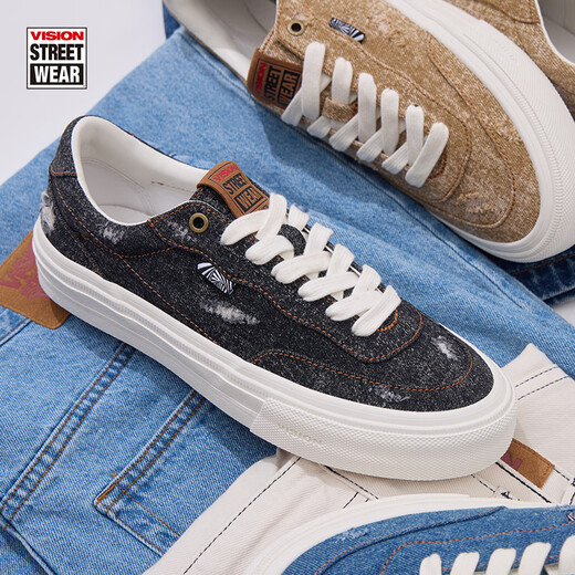 VISION STREET WEAR official FLAT TOP denim series low-top wash worn canvas shoes street men and women skateboard shoes flat black denim 42