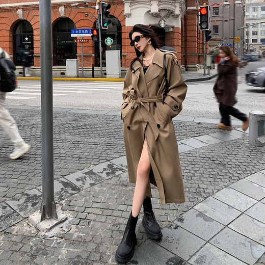
GARNUO khaki windbreaker jacket for women mid-length 2025 new spring and autumn Korean small high-end British style coat khaki M[111-130Jin[Jin equals 0.5 kg]]