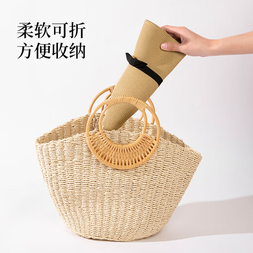 Siggi遮阳帽子女春夏简约蝴蝶结大檐草帽户外防紫外线草编防晒帽 本草米