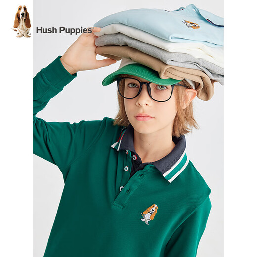 Hush Puppies College Style Children's Clothing Children's Boys' Spring and Autumn New Style Comfortable Casual Long-Sleeved POLO Shirt Pine Leaf Green 140 cm Slightly Thin