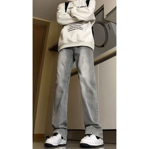 潮韩都纯色水泥烟灰色牛仔裤皮带男款感微喇裤子美式高街百搭休闲裤 G841水泥灰 S
