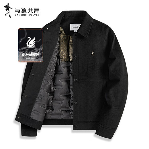 Dances with Wolves Cashmere + Sheep Wool Goose Down Liner Technology Temperature Locking Lapel Wool Thick Jacket Men's Down Jacket Black 175