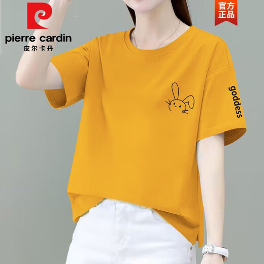 皮尔卡丹（pierre cardin）纯,棉夏季薄款气质宽松遮肚休闲中年上衣女减龄短袖气质百搭T恤衫 玫红色-YB674 M 建议90-110斤