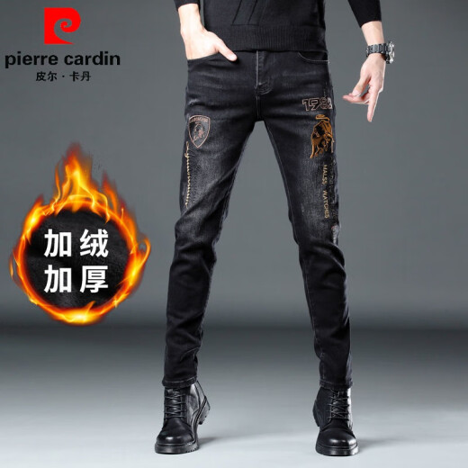 皮尔卡丹（pierre cardin）欧货新款刺绣印花男士针织牛仔裤子修身弹力百搭小脚长裤 6628 30 （2尺3）