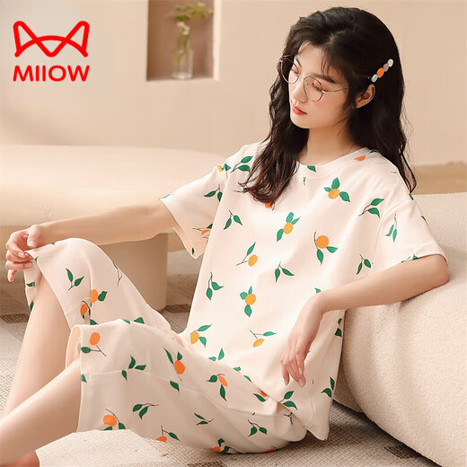 Catman (Miiow) 100 reines Baumwoll-Pyjamas für Frauen mit kurzärmeligen Kumpelhosen für Sommerliebe große dünne Frühlings- und Herbst-zweiteiligen Sommer-Kleidung mit kurzärztem Kumpel-679 M Frauen 80-100jin [Jin entspricht 0,5 kg]