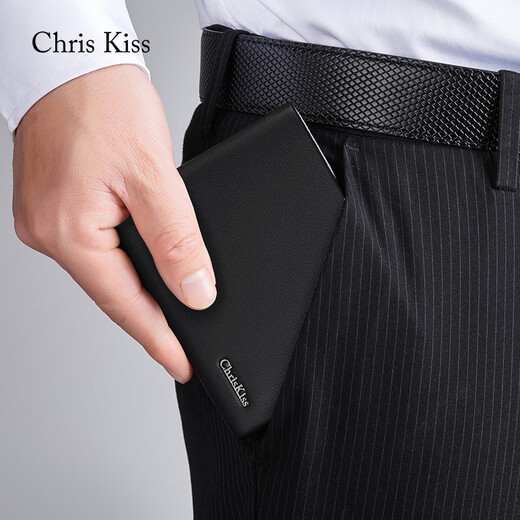 CHRIS KISS wallet men's genuine leather short chuck-layer cowhide wallet gift box high-end practical birthday gift for boyfriend and husband. First layer cowhide short black [counter gift box]