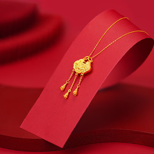 Qingyi Gold Concentric Golden Lotus Lock Bag Pendant 999 Pure Gold Yingluo Lock Bell Tassel Gold Lock Necklace National Trend Gift to Girlfriend About 3.2g-3.3g Five Bells + Free S925 Silver Chain