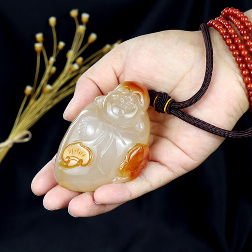 DL 1998 Pangdonglai Quality Agate Carving Handle-Handstone's Men's Birthday Star God of Wealth Bouddha Jade Bourgogne n ° 1047 CARVING ESSIGNEM