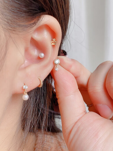 Caizhi temperament Korean 14K/10K gold earrings round diamond pearl pendant ring ear bone K gold screw screw earrings for women No. 2 ring pendant square diamond one 10k gold