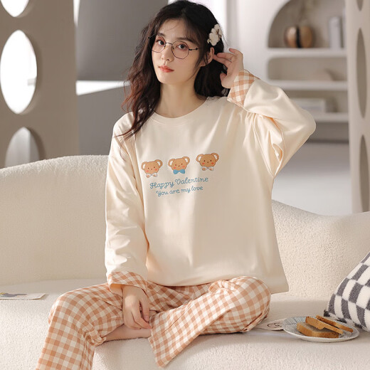 Langsha pajamas for women spring and autumn new long-sleeved round neck suit casual simple cotton women's home wear two-piece set can be worn outside AM-23457L [recommended 100-120 Jin [Jin equals 0.5 kg]]