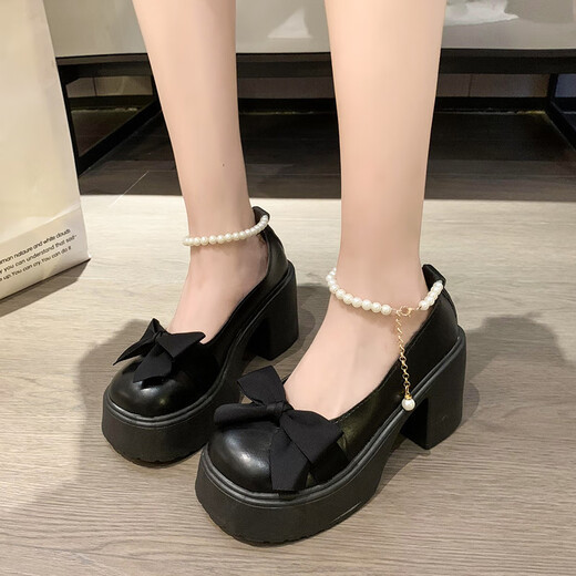 于系玛丽珍鞋女2024年春时尚高跟蝴蝶结厚底粗跟珍珠配裙子小皮鞋 哑光-米白色9厘米 升级版 58 鞋后跟贴