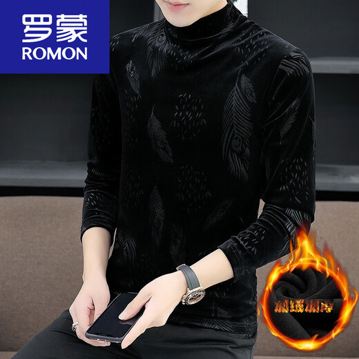 ROMON plus velvet thickened half turtleneck base shirt for men's black gold velvet long-sleeved T-shirt in autumn and winter inner wear T 694 black XL