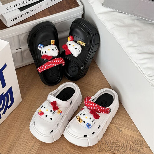 Minghuitong Hellokitty Hole Shoes Cute Cartoon Kitty Cat Women ins Лето, не скользящие тапочки с толстыми толстыми, на улице в черном ремеше