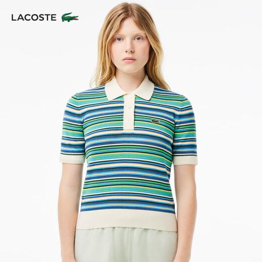 LACOSTE French Crocodile Women's 24-year summer new short-sleeved contrasting striped fashionable knitted POLO shirt AF7027 iri/green striped color block 34 /155