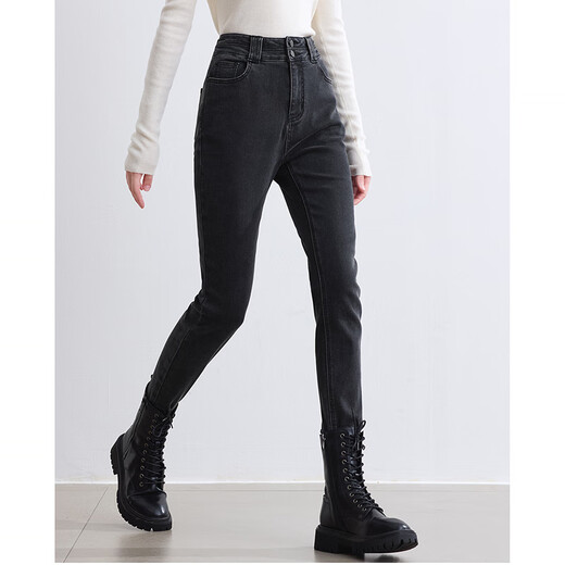 Betu women's new winter jeans brushed high waist slim pencil pants women 2410T87 dark gray M