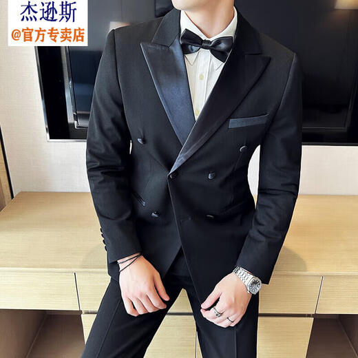 Jason's high-end double-breasted suit, groom's suit, gentleman's business formal suit, tuxedo host banquet dress, black (suit + pants) 2XL