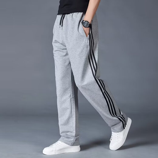 Chenhao 2025 Spring Autumn and Winter Sports Pants Men's Sweatpants Loose Leg Casual Pants Three Stripes School Uniform Pants Versatile Gray Straight XL Suitable for 125-140 Jin Jin equals 0.5 kg