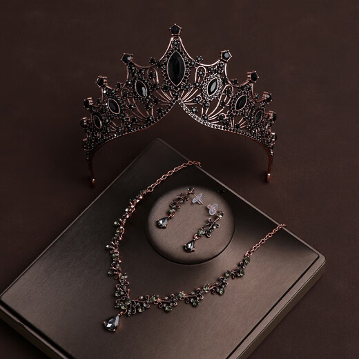 Shijun (SHIJUN) Baroque European and American Black Retro Crown Wedding Bride Headdress Gown Necklace Three-piece Set Wedding Jewelry Gift Black Crown Three-piece Set (Earing Style)