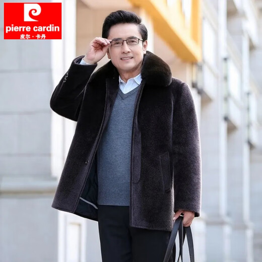 Pierre Cardin middle-aged and elderly men's mink fur coat men's short coat plus velvet thickened coat dad and the elderly winter clothing black plush lining one 180/96A recommended 110-125Jin Jin equals 0.5 kg