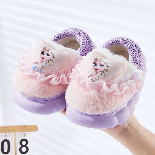 Disney Children's Cotton Slippers Bag and Girls' Wool Slippers Autumn and Winter Princess Elsa Indoor Slippers Home Shoes Orange Pink 32-33