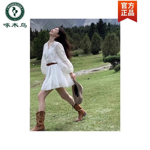 啄木鸟西部牛仔靴女复古骑士靴子春春秋薄款民族风长筒靴马丁靴 棕色 35