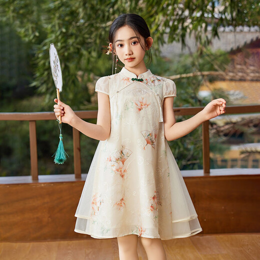 
ASK JUNIOR Chinese style new Chinese style girls skirt summer children's thin mesh dress embroidered princess skirt off white 140