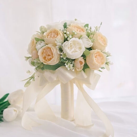 致仕手捧花新娘韩式婚礼结婚领证仿真花束森系婚纱摄影拍照道具手捧花 三生三世白+粉11朵
