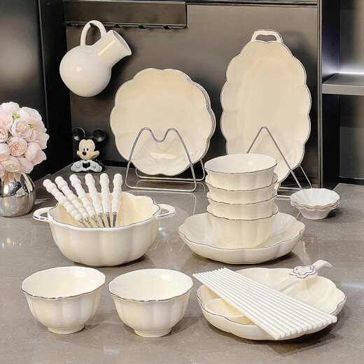 
ZNMW Qipai Sense Ceramic Bowl Plate Tableware Household Underglaze Colored Bowl Plate Housewarming Gift Bowl Bowl 2 Ordinary Pack 13792-piece Set