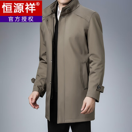 Hengyuanxiang autumn and winter new stand collar windbreaker men's mid-length removable wool liner coat business casual coat khaki 170/M