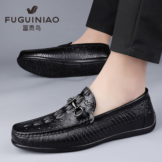 Fugui Bird Herrenschuhe Sommerzehen Schicht Cowide Business Casual Crocodil Muster Mütze weiche Sohle atmungsaktiven leichten Fahren lässige Schuhe Herren schwarzes Muster Yulin Fg9920 38