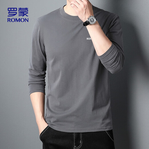 Romon long-sleeved T-shirt men's 2025 autumn solid color men's casual loose cotton bottoming shirt tops men's CT51 dark gray XL