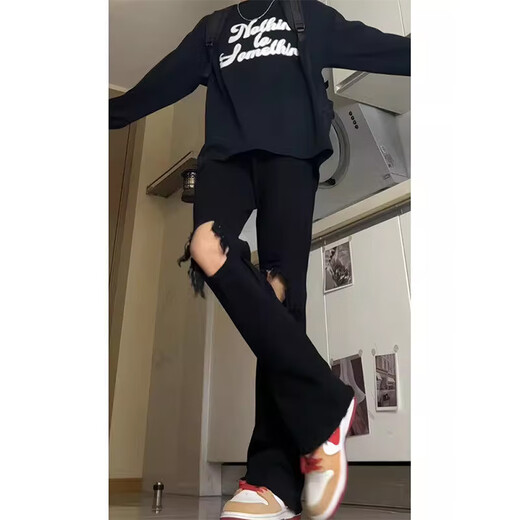 迪伽达纯黑色破洞牛仔裤男修身直筒江浙沪高个子加长裤子高街美式微喇裤 DFFS-723黑色 XL