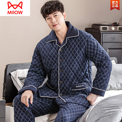 
Catman (MiiOW) pure cotton three-layer thickened cotton winter men's pajamas cotton jacket autumn and winter men's large-size home clothing set skin-friendly AA9215-three-layer thickened cotton-all cotton 190(XXXXL height 185-190 weight 200-