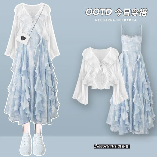 ZiLuolan French dress for women 2025 summer new style set sunscreen shirt top with slim suspender skirt M675 blue shirt + blue dress Two-piece set M Recommended 80-100Jin [Jin equals 0.5 kg]