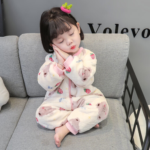 Papi Monkey children's one-piece pajamas coral velvet baby girl autumn and winter plus velvet thickened flannel crawler cartoon baby sleeping bag pink double layer 90 size recommended 1-2 years old (height around 85)