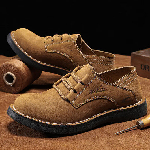 Kamel Dynamische Frühlings- und Herbstleder Leder mit großem Kopf aus Lederschuhen Herren atmungsaktiven Low-Top-Arbeitsschuhen Outdoor-Sport und lässige Schuhe hellbraun (Top-Layer Cowhide) 8815 41 Standard Lederschuhe Größe