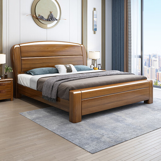 Chinese solid wood bed pure solid wood walnut master bedroom bed 1.8m