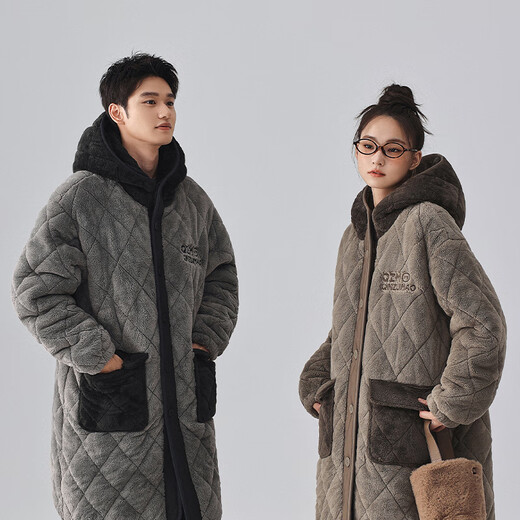 Kiss Mao warm velvet three-layer thickened couple quilted pajamas for women winter long men's suit home wear outer wear 8006 elegant gray men's XL