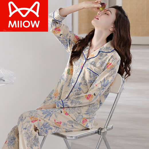 猫人（MiiOW）轻奢高档春秋新款睡衣女纯棉开衫长袖2024年印花高级感家居服套装 XEQ-9215 XL 170建议体重128-140斤