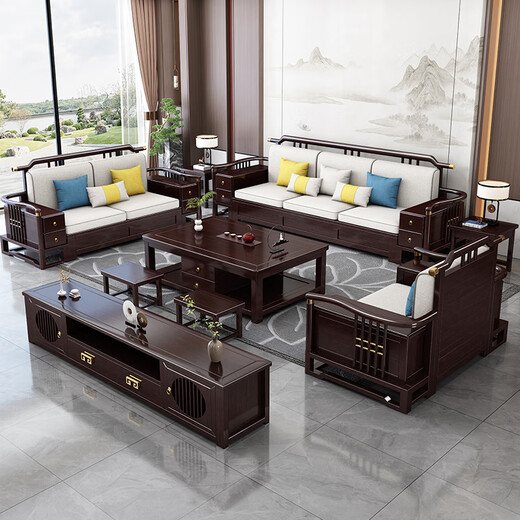 No. 1 Haoting solid wood sofa living room 2025 new style new Chinese furniture small apartment single double triple combination storage 9906# five + expensive + drawer coffee table + TV cabinet + single person storage style cotton and linen cushions