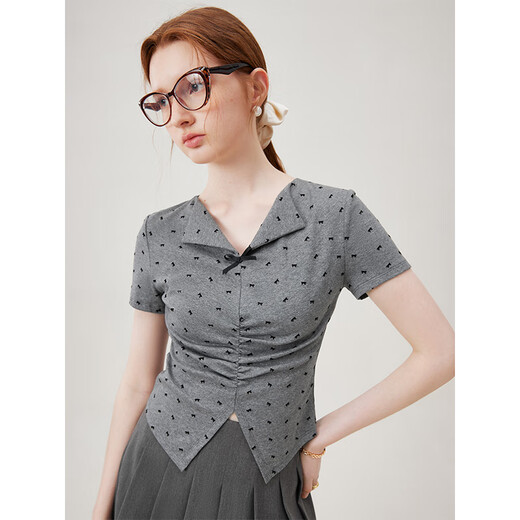 Fan Silann Sweet Hot Girls Flocking Bow Knitted T-shirt 2024 Summer New Lapel Slim 12529 Gray XL